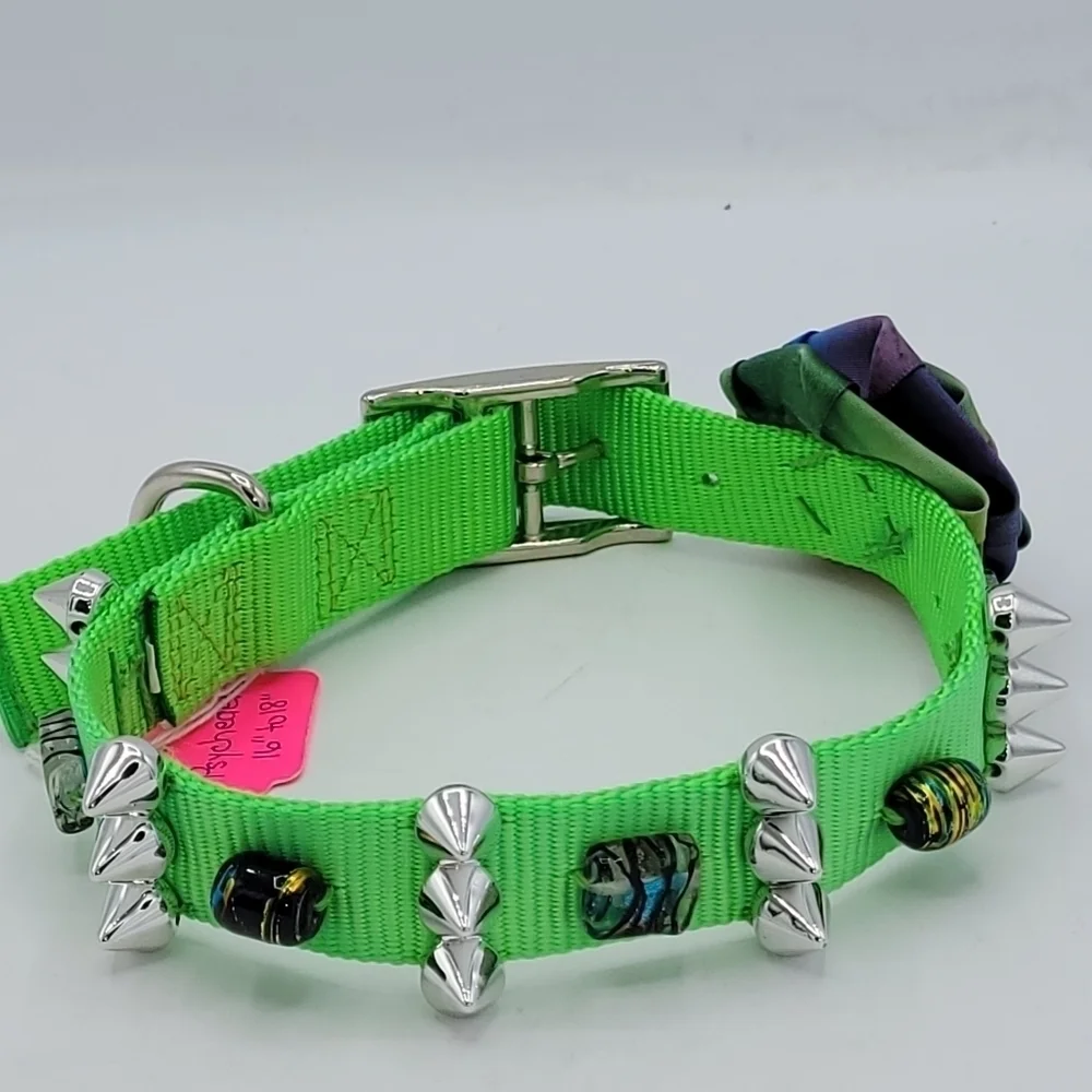 Dog Collar PSYCHEDELIC Neon Green Flower Bow Gems And Stones